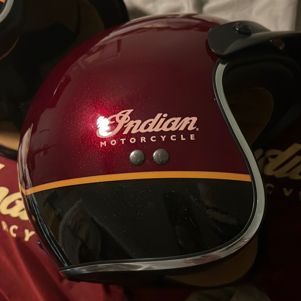 Pair of Indian Motorcycle helmets one medium and one large. Excellent condition